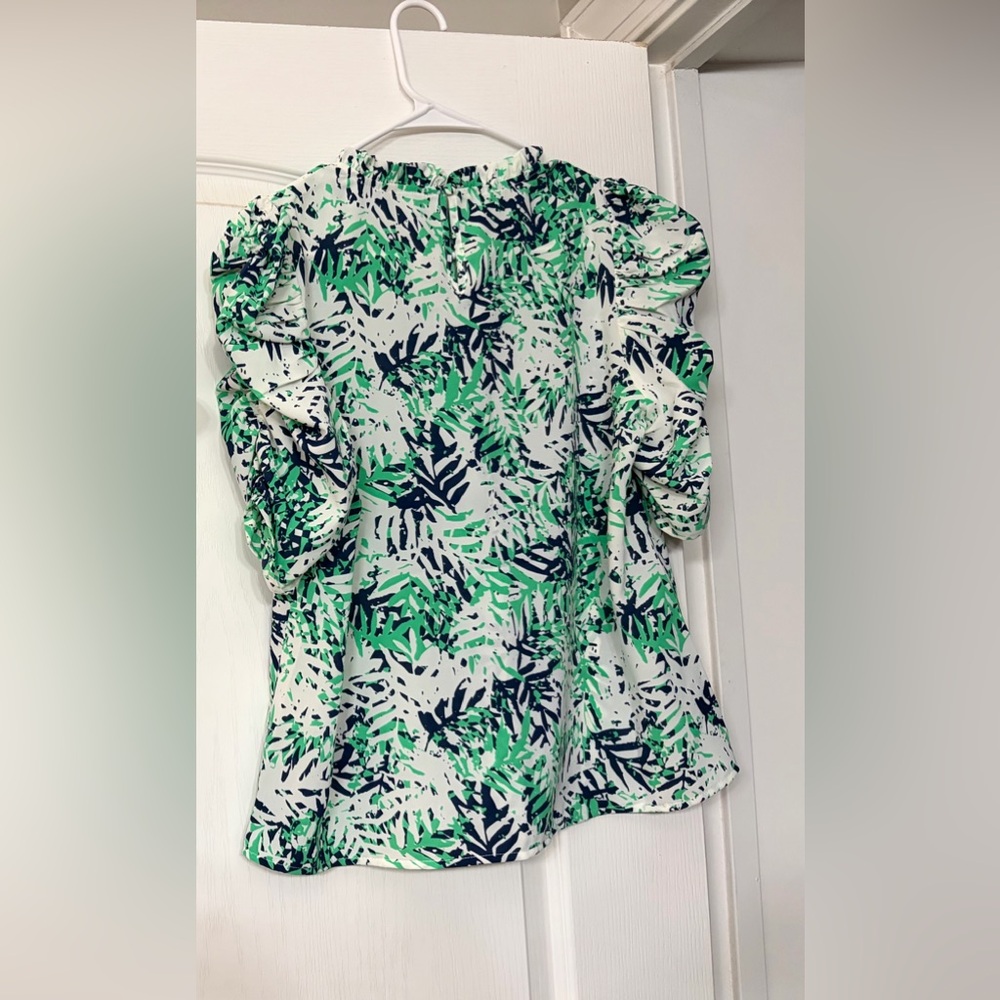 Women’s Boutique Ruched Short Sleeve Top  - Green and Navy NWT Size S
